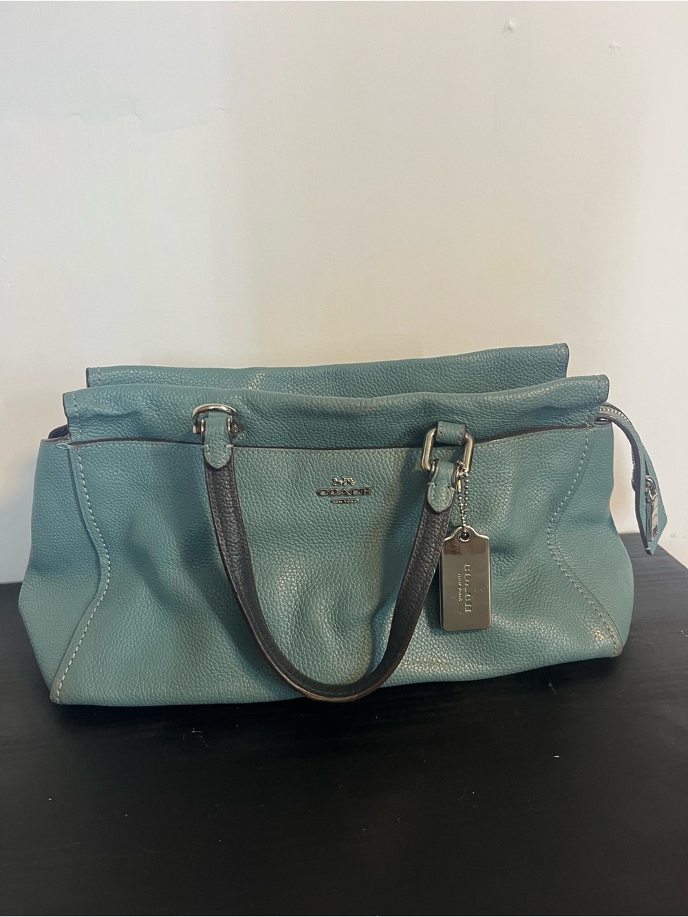 COACH Pebbled Leather Shoulder Tote in Teal Blue